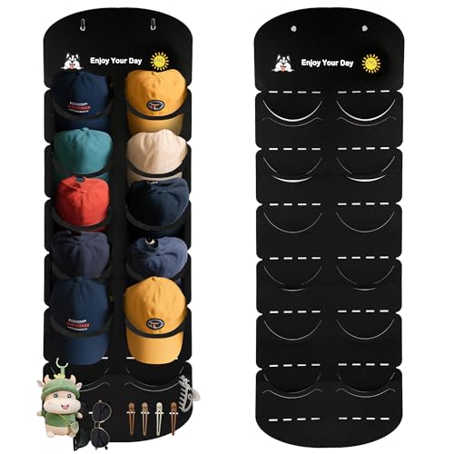 Baseball Cap Hat Organizer Rack Over the Door - 12 Pocket Hanging Hat Holder for Closet, Wall, Door - Hat Storage for Caps, Gorras, Beanies - Hat Hanger with Hooks for Men, Boys, Bedroom (1 Pack)