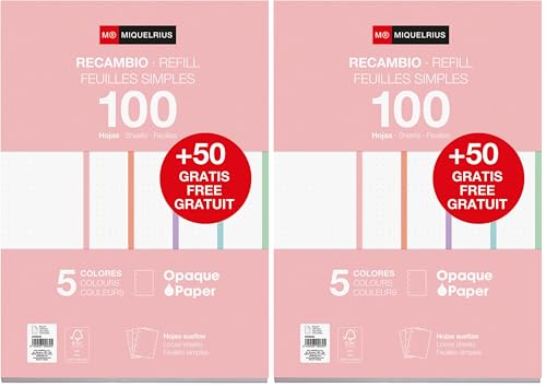 Miquelrius - Bloc de recambio de hojas A4 punteadas dots, 150 hojas de 90 g/m² en 5 colores pastel, Con perforaciones estándar para carpeta de anillas, Material escolar (Paquete de 2)