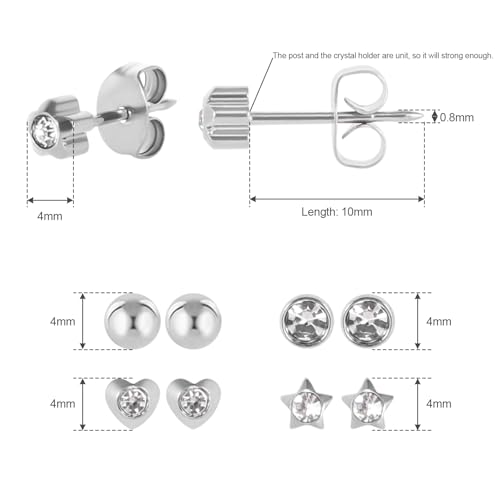 5 Pairs G23 Titanium Ear Piercing Stud Earrings for Sensitive Ears, Cubic Zirconia Stud Earrings Set for Ear Piercing Guns3