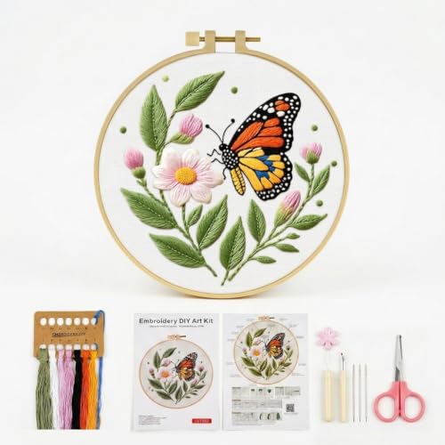 Image of PATPAT 1 Set DIY Flower Cross Stitch Embroidery Kit for Beginners, Embroidery Thread Set with Pre Printed Learning Designs Hoop Threads Punch Needle Kit and Tools, Perfect Stitching and Fabric Kit