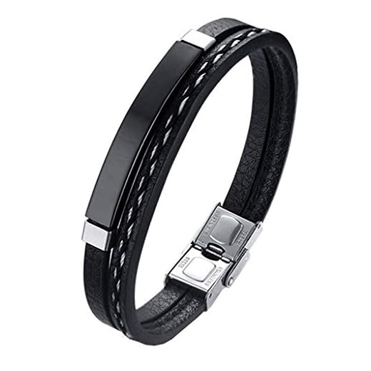 Pulsera hombre Legado, en cuero pu y acero inoxidable, brazalete vikingo chico negra combinable con anillo pendiente collar colgante o tobillera muñequera personalizable (BLACK 21,5)