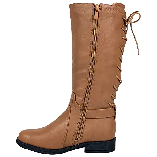 SOBEYO Girls' Riding Boots Corset Lace Up Back Mid Calf Knee High Block Heels2