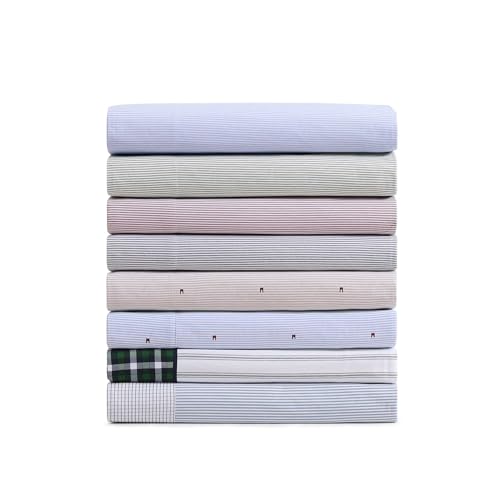 Image of Tommy Hilfiger - Queen Size Sheets Set, Crisp & Tailored Cooling Sheets with a Weaved Cotton Percale Lightweight Feel - Bed Sheets with Matching Pillowcases & Fitted Sheet (Ithaca Stripe Blue)