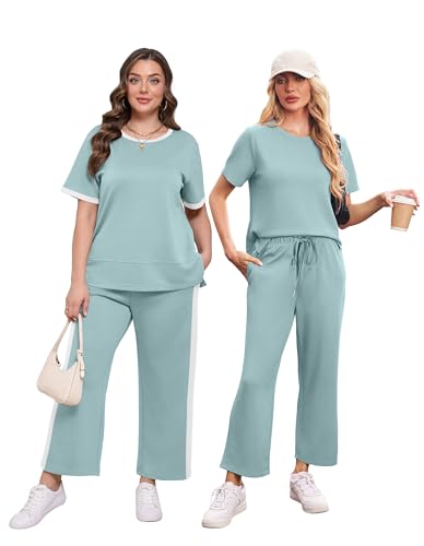 Image of XIEERDUO Women's 2 Piece Outfits Summer Lounge Sets Side Slit Loungewear | Short Sleeve Top Matching Wide Leg Capri Pants