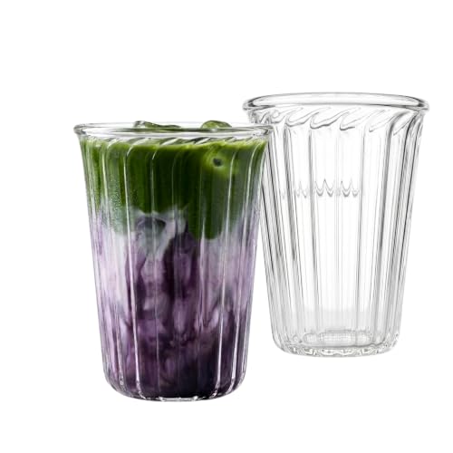 Image of PEBELLIFEWARE Matcha Fluted Conical Glass Mugs (Set of 2) - Hand-Blown Borosilicate Clear Drinking Glasses 345ml for Coffee, Matcha, Smoothie & Layered Drinks - Microwave & Dishwasher Safe