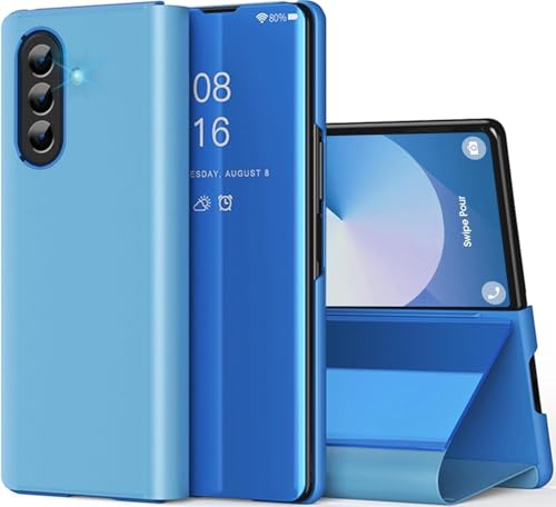 Coque Samsung Z Fold 7 5G Clear View étui rabat rigide miroir bleu
