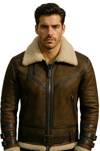 Men B3 Bomber Men Sheepskin Jacket | WWII Flying Pilot Air Force Style Olive Brown Genuine Leather Coat3