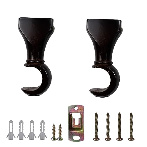 Antrader Wood Curtain Rod Brackets,Dark Brown Support Bracket,Window Curtain Hooks for Curtain Rod1-3/8in(35mm) Diameter,Pack of 2