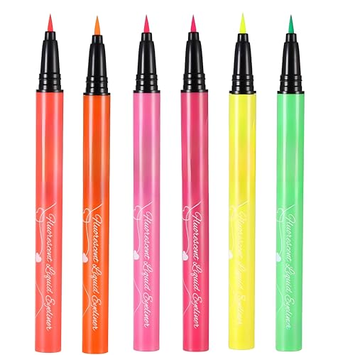 UV Shimmer Glow Liquid Eyeliner Set, 6 Colors Glitter Neon Colored Eyeliners Pen, High Pigmented, Waterproof Smudge-Proof and Long-Lasting Metallic Eye Makeup for Halloween Christmas,Shimmer Yellow