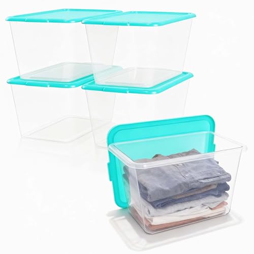 SIMPLYKLEEN Storage Totes with Lids - Made in USA 14.5-Gallon (58-Quart) 4-Pack Aqua Storage Bins with Lids Plastic Storage Containers Large Storage Boxes for Organizer Aqua/Clear