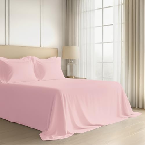 Image of Pizuna 100% Cotton Bedsheet Super King Size Light Pink, 600 Thread Count Long Staple Combed Cotton Flat Bedsheets 108x108 Inches with 4 Pillow Covers, Bed Sheet for Super King Size Bed