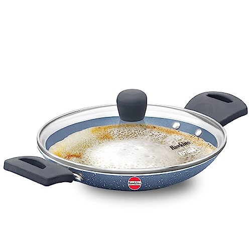HAWKINS Nonstick Pro 0.9 Litre Appachatty, Mini Kadhai, Appachatti, Appachetty, Appam Pot Maker, Deep Fry Pan with Glass Lid, Granite Kadai