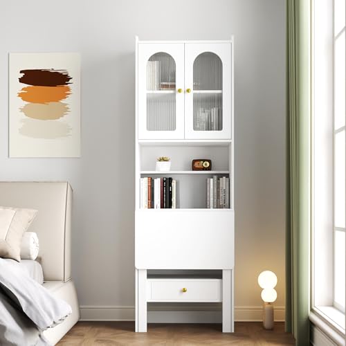 Image of Foldable Office Desk, Fold Out Convertible Hidden Murphy Computer Desk with Storage Shelves, Multi-Function Folding Writing Table for for Small Spaces, Home Office (White.)
