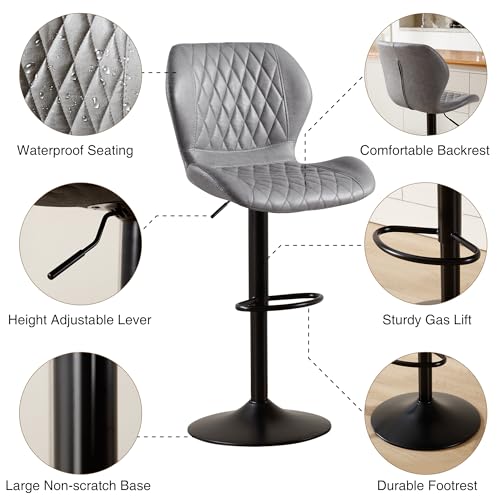 Image of Bar Stools Set of 2, Adjustable Bar Stools with Back, Modern Swivel Fabric Counter Height Barstools for Kitchen Island Chairs Counter, Pale Grey