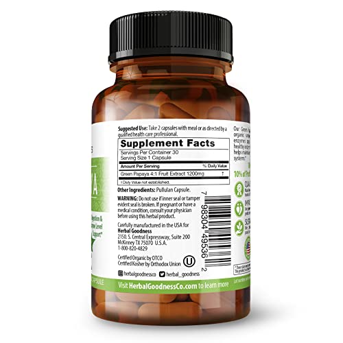 Green Papaya Capsules - Formulated with Papaya Leaf Extract for Platelets, Papaya Supplement Digestive Enzymes with Probiotics and Prebiotics. Papaya Extract Formula - 1 Bottle - 60/600mg