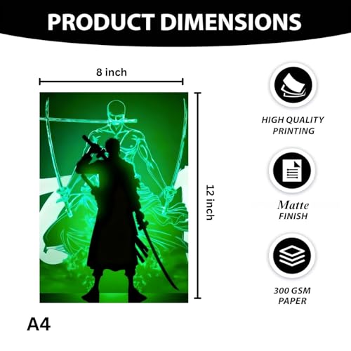 Image of One Piece Anime Manga Poster, One Piece Character Design Wall Poster 3 Panal - A4 Size, 300 GSM, Wall Decor Posters Wall Art For Bedroom, Living room, Office, Dining Room,No Frame (Zoro-5)