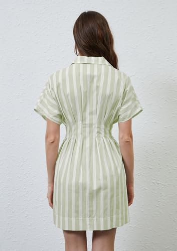 Image of calbatic Women Button Down Pleated Shirt Dress Striped Short Sleeve Summer Casual Business Flowy Mini Short Dress