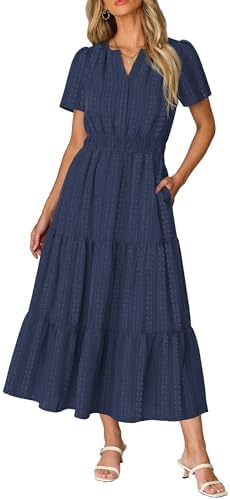 RUMIA Maxi Dresses for Women Casual Summer V Neck Elastic Waist L...
