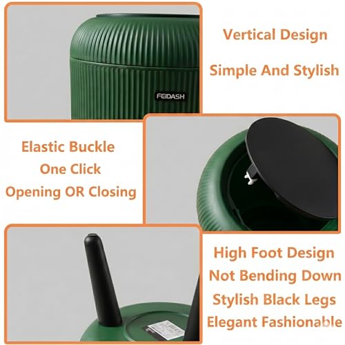 Image of ZENOVIA Modern Floor-Standing Dustbin with Legs | Push-Button Lid | Green Ribbed Plastic Waste Bin for Bedroom, Living Room & Kitchen | Large Capacity Decorative Trash Can | Push-Button Lid, Ribbed Plastic, With Legs, Odour-Free