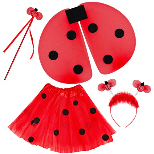 Balinco Marienkäfer Kostüm Set, Haarreif + Tutu Rock + Flügel & Zauberstab, Rot & Schwarz gepunktet, Ladybug Party Outfit, Geburtstagskostüm,...