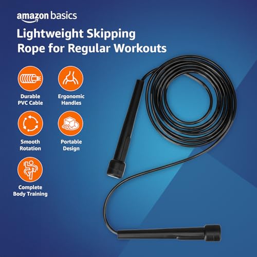 Image of Amazon Basics PVC Skipping Rope | Ergonomic Handles | Lightweight | Smooth Rotation | Cardio & Fitness Training | Men & Women | Black