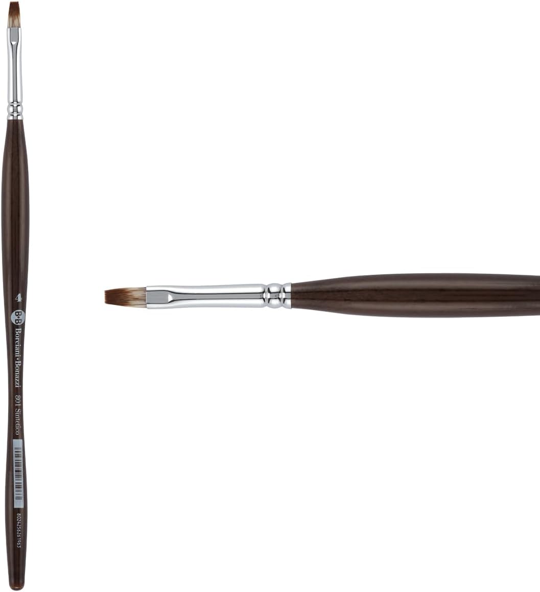 Borciani e Bonazzi Unico Synthetic Mongoose Artist Paint Brush - Series 801 Flat - Size #4 - Watercolors, Oil & Acrylic Paint - Handcrafted in Italy, Anti-Roll Design, Ergonomic Medium Handle
