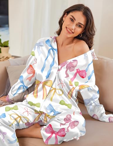 Image of Ekouaer Womens Satin Silky Pajama Set 2 Piece Print PJs Soft Loungewear Button Down Sleepwear with Elastic Waist Long Pants