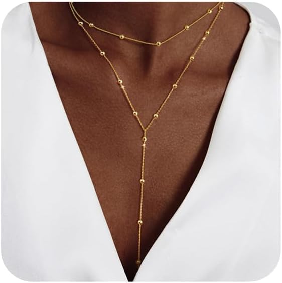 LULII Gold Necklace for Women Trendy Lariat Y Necklace Dainty 14k Gold Plated/Silver Long Necklaces for Women Layered Beaded Drop Necklaces Simple Y-Shaped Chain Jewelry Gifts
