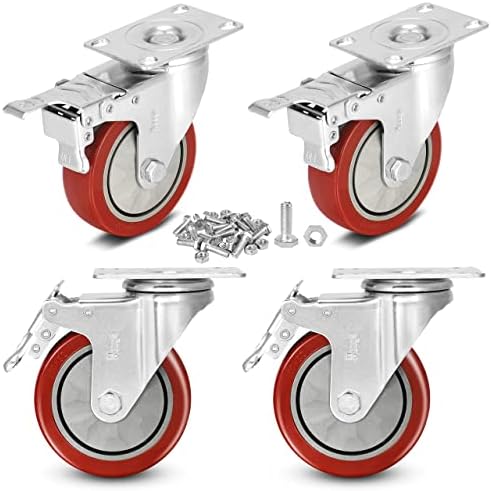 4" Swivel Rubber Caster Wheels With Safety Dual Locking Heavy Duty 1200Lbs Casters Set Of 4 With Brake