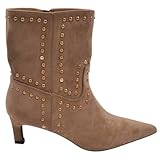  Malu Shoes Stivaletto tronchetto donna a punta camoscio beige con borchie oro tonde tacco kitten 3 cm zip (39 EU)