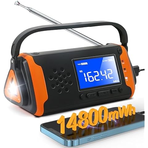 14800mWh Emergency NOAA Weather Alert Radio: Hand Crank Solar Portable Radio with Battery Operated, LCD Display, AUX Music Play, Flashlight, SOS Alarm, Emergency Phone Charger for Outdoor Emergency Cover