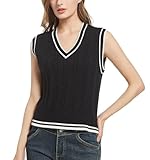 RefindWin Women's V Neck Trendy Sweater Vest Cable Knit Sleeveless Sweater Vest School Uniform Vest Black M