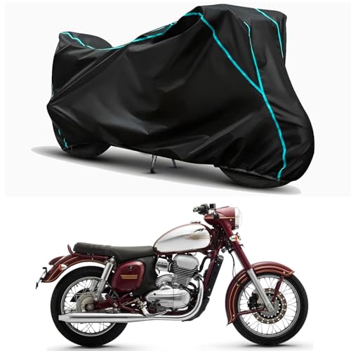 Image of Waterproof Bike Body Cover Compatible for | Jawa Dual Channel BS6 | Taffeta Fabric, Sky Piping Design, Bottom Elastic Fit | Dustproof, Sun UV & Rain Protection for All Weather.