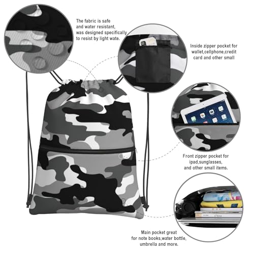 Image of Black White Camo Drawstring bag, Camouflage Men Camping Gym Drawstring Backpack, Women Outdoor Sports Travel Sackpack Bag with Front Zipper Pocket and Inside Zipper Pocket - Can Keep Key or Phone