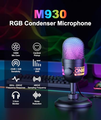 Image of USB Condenser Microphone for PC, RGB Gaming Mic with Plug & Play, Cardioid Pickup, Real-Time Monitoring, Tap-to-Mute, Gain Control for Streaming, Podcast, Recording on PC, Mac