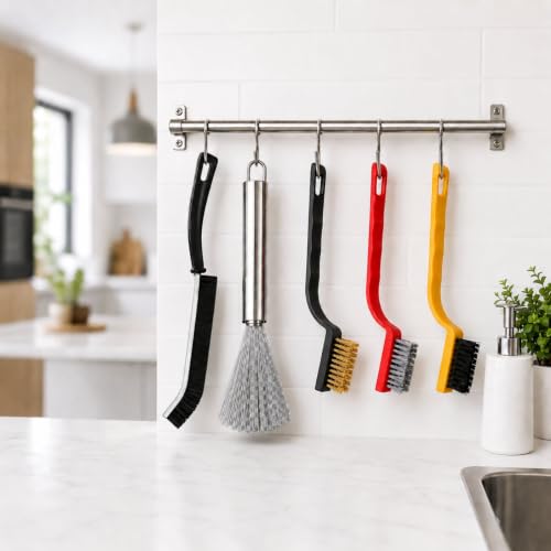 Image of Solitude Set of 5 Cleaning Brushes for Gas Stove, Chimney & Bathroom Gaps, Stainless Steel, Brass & Nylon Bristles, Crevice Cleaner, Scrubber for Kitchen, Sink, Burners