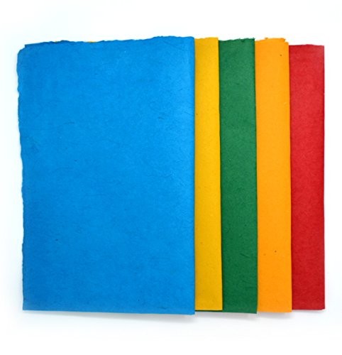 5 feuilles fait à la main en papier Lokta - Couleurs mélangées papier d'emballage cadeau de luxe fabriqué à l'aide de colorants naturels - Rouge, vert, bleu, orange et jaune Cover