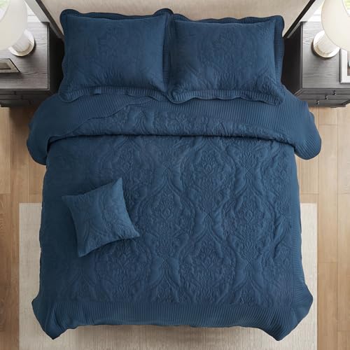Image of CHIXIN Bedspread Coverlet Quilt Set Full Size - Lightweight Bedding Cover - Beautiful Stitching - 5 Piece Reversible Bedspread - Gorgeous Damask Paisley Pattern (Full, Navy)