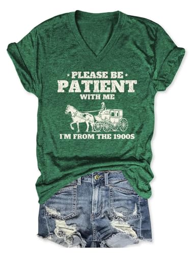 GUBUAAI Women Retro Please Be Patient with Me 1900s Shirt Funny Vintage Graphic 90s Western Country V Neck Tshirts（Green,M）