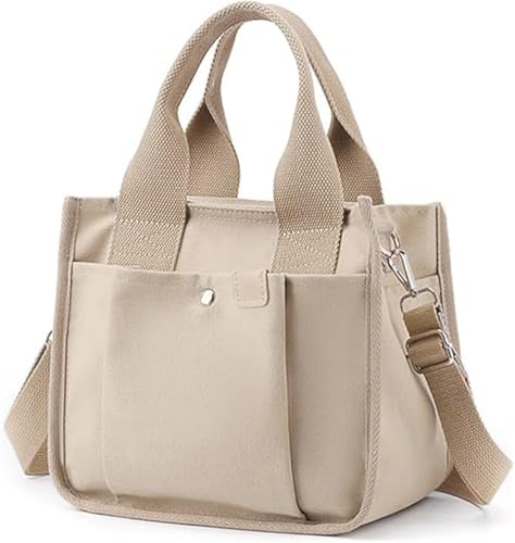Image of Small Canvas Tote Bag with Zipper, Canvas Multi-Pocket Crossbody Bag Purse Top Handle Satchel Handbags