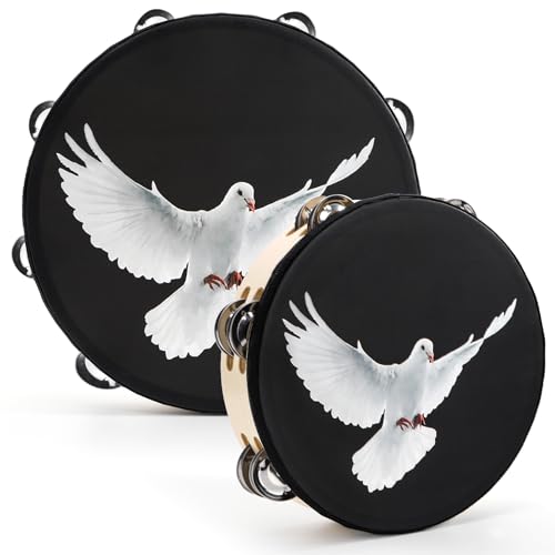 Elsjoy Set of 2 Church Tambourines 10 and 8 Black Dove Tambourines with Double Row Jingles Wooden Handbell Hand Clap Drum Percussion Instrument for Church Choir