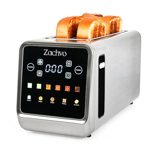 Zachvo 4 Slice Long Slot Toaster with Touchscreen, Memory Function, Extra Wide Slots for Bagels & Artisan Bread, Digital Timer, Reheat & Defrost, Slim Stainless Steel
