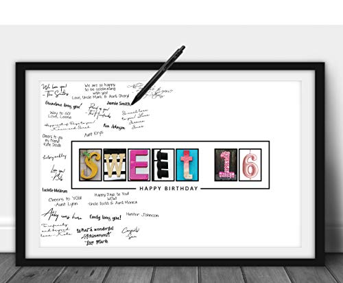 Katie Doodle Sweet 16 Decorations - Creative Guest Book Alternative - 16th Birthday Party Supplies Decorations Decor Centerpiece Card or Gifts for 16 Year Old Girls - 11x17 Wall Art Poster [Unframed]