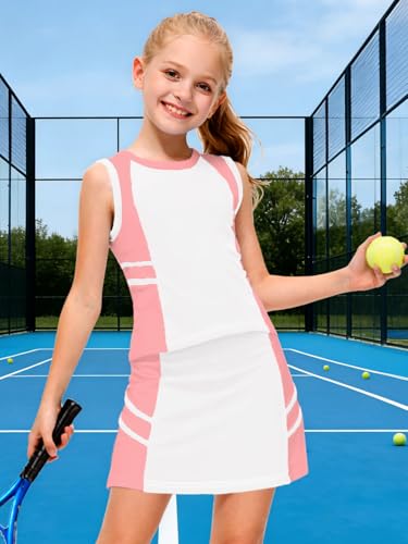 Image of AOBUTE Girls Tennis Golf Outfit Tank Top and Skirt with Shorts Set 4-12 Years