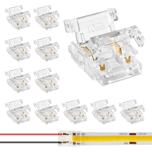 SVIANG 12Pcs 2Pin 10mm COB LED Strip to Wire Connectors, 0-36V/5A mini-Size Solderless Clip for Reusable & Tool-Free Extension, No Dark Area Connection for Cabinet Light