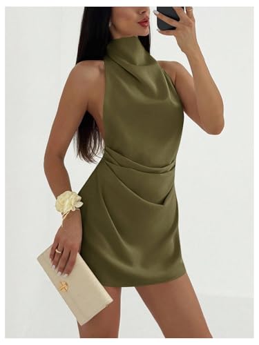Image of Floerns Women's Ruched Cowl Neck Halter Mini Dress Tie Backless Night Out Dresses