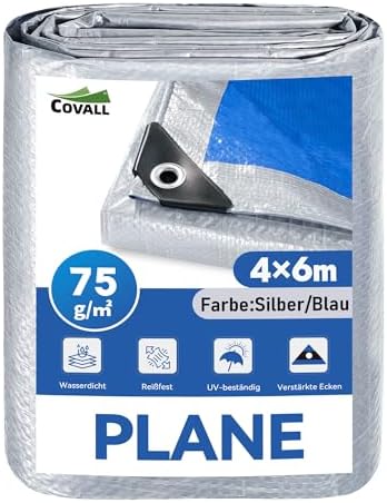 COVALL wasserdichte PE Plane 4 x 6 m – 75g/m², Silber/Blau Doppelseitig | UV- und reißfest, mit verstärkten Ösen – ideal als Unterlage, Campingplane, Wetterschutz für Garten, Auto