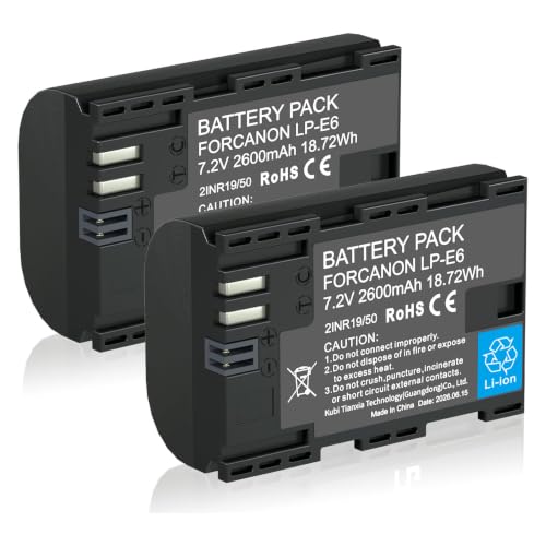 LP LP-E6 LP-E6N Battery 2-Pack 2600mAh Replacement Batteries for Canon EOS R6 R5 R 90D 80D 70D 60D 60DA 6D 6D Mark II 5D Mark II/III/IV 5DS 5DS R 7D 7D Mark II XC15 XC10 BMPCC 4K/6K