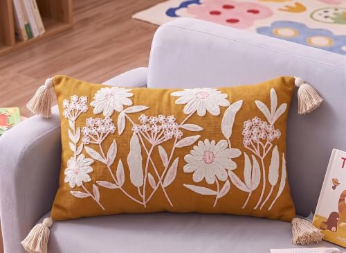 Image of Furnistitchs Boho Rectangle Cushion Cover 12x20 inches | Handmade Decorative Throw Pillow Case | Bohemian Home Decor Sofa Bed Cushion Cover Living Room Bedroom (1, Yellow Floret, 12x20 inches)