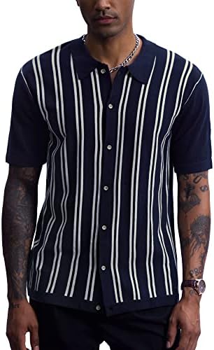 Man Casual Vintage Knitted Dress Shirt 1940s Retro Knit Button Up Shirts S D/Navy